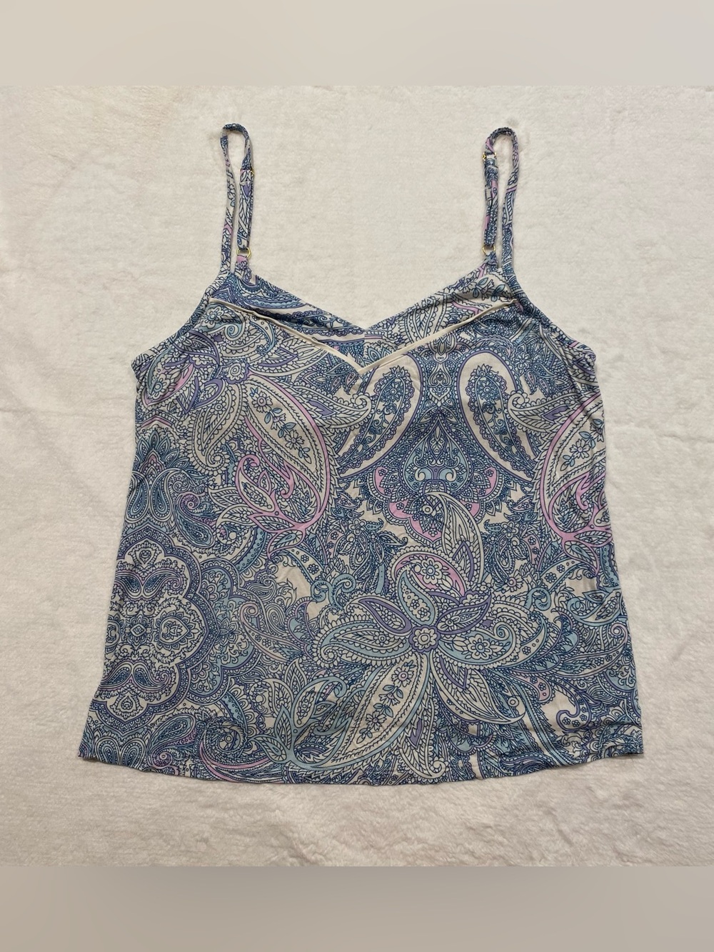 (M) Soma Cool Nights Printed Piped Pajama Cami Shorts Set Paisley Cream Blue - Picture 3 of 16